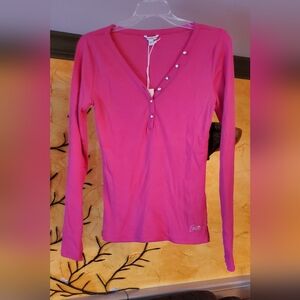 NWT Guess Pink Long Sleeve Henley Tee Organic Cotton size Large